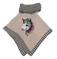 Šedo-růžové svetrové pončo s jednorožcem a rolákem 