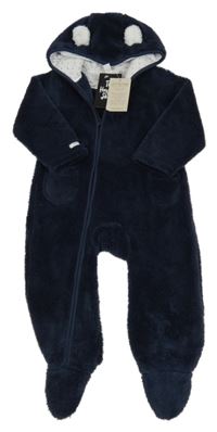 Nové - tmavomodrá plyšová kombinéza s kapucí 