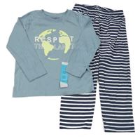 Nové - 2set - Světlemodré triko s planetou + tmavomodro-bílé pruhované lehké tepláky Primark