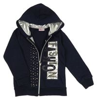 Tmavomodrá propínací mikina s perličkami a kapucí 