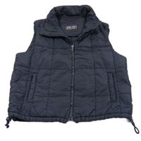 Tmavomodrá šusťáková zateplená vesta s kapucí 