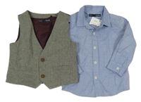 Nové - 2set - Světlemodrá košile + šedo-smetanová vzorovaná vesta Next