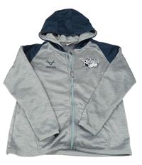 Šedo-tmavomodrá melírovaná propínací thermo mikina s výšivkou a kapucí 