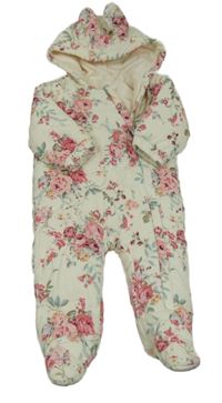 Smetanová manšestrová zimní kombinéza s kytičkami a kapucí s oušky Next