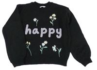 Černý svetr s kytičkami a nápisem M&S