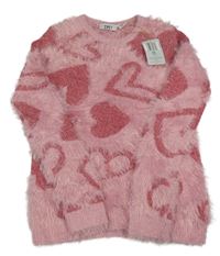 Nové - růžový chlupatý svetr se srdíčky L&D