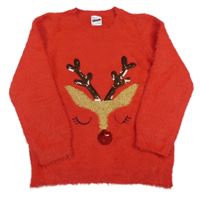 Červený chlupatý svetr se sobem s flitry George