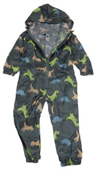 Tmavošedá šusťáková nepromokjavá kombinéza s dinosaury a kapucí Dunnes stores