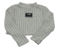 Šedé úpletové žebrované crop triko s nášivkou Shein