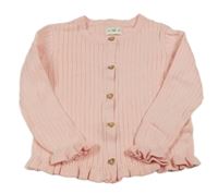 Světlerůžový žebrovaný propínací svetr s volánky F&F