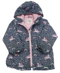 Tmavomodrá šusťáková jarní bunda s jednorožci a duhami a kytičkami a kapucí Matalan
