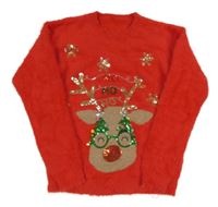 Červený chlupatý svetr se sobem s flitry St. Bernard