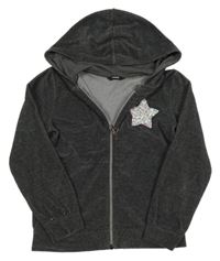Tmavošedá sametová propínací mikina s hvězdou z flitrů a kapucí George
