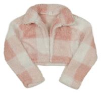 Světlerůžovo-bílý kostkovaný chlupatý crop kabátek Shein