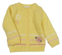 Žlutý zateplený propínací svetr s beruškou a květinou Nutmeg