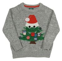Šedý melírovaný svetr s vánočním stromečkem Tu