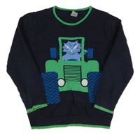 Tmavomodro-zelený svetr s autem a dinosaurem Tu