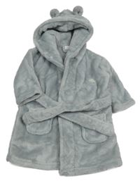 Šedý chlupatý župan se slonem a kapucí 