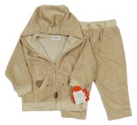 Nové - 2set - Béžová sametová žebrovaná tepláková souprava s medvídkem a kapucí Bebetto