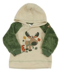 Béžovo-zelená fleecovo/chlupatá mikina se sobem a kapucí Ergee