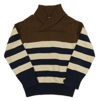 Hnědo-smetanovo-tmavomodrý pruhovaný svetr se stojáčkem Topolino