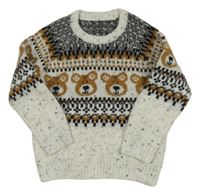 Bílo-černo-béžový vzorovaný svetr s medvídky Dunnes