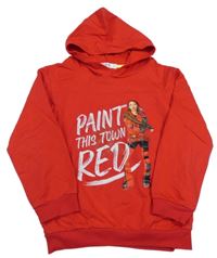 Červená mikina s potiskem a kapucí 