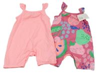 Nové - 2x - Světlerůžový + růžový kraťasový overal s ovocem F&F