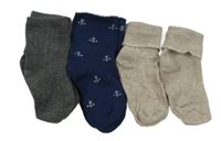 3x - Béžové + šedé + tmavomodré ponožky s kotvami vel. 15-18