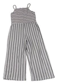 Levandulovo-černo-bílý pruhovaný žebrovaný kalhotový culottes overal H&M