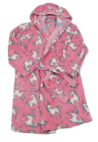 Růžový plyšový župan s jednorožci a kapucí