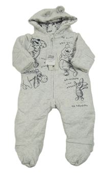 Nové - šedo-bílá melírovaná zateplená kombinéza s Pú s kamarády a kapucí s oušky George