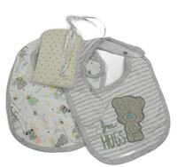 Nové - 3Set - 2x - Bílo-šedý bryndák s Me to You + 1x - smetanová puntíkatá čepice 