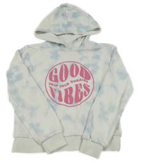 Bílo-modrá batikovaná mikina se znakem s nápisy a kapucí Page one young