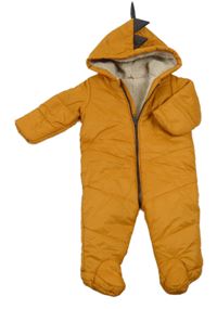 Hořčicová prošívaná šusťáková zimní kombinéza s kapucí a ostny Matalan