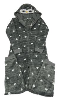 Tmavošedá melírovaná plyšová kombinéza se srdíčky a kapucí - sovička YIGGA