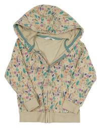 Světlebéžová propínací mikina s kytičkami a muchomůrkami a kapucí M&S