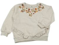 Světlebéžová melírovaná mikina s kytičkami a motýlky a flitry a volánky C&A