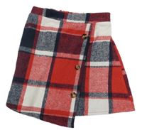 Červeno-tmavomodro-bílá kostkovaná teplá sukně s knoflíky 