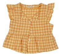 Oranžovo-růžovo-žlutá kostkovaná krepová crop halenka s volánky SHEIN