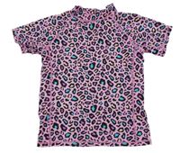 Růžovo-černo-azurovo-žluto-fialové vzorované UV tričko 