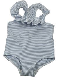 Bílo-modré pruhované jednodílné plavky s volánem zn. H&M
