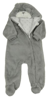 Šedá chlupatá podšitá kombinéza s kapucí - medvěd Dunnes