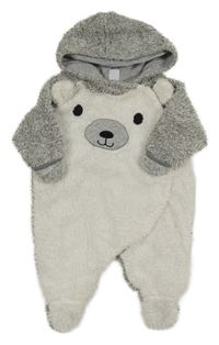 Bílo-šedá chlupatá podšitá kombinéza s medvědem a kapucí Dopodopo