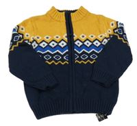 Nové - Tmavomodro-okrový vlněný propínací svetr se vzorem St. Bernard