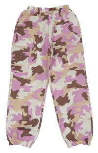 Bílo-růžovo-hnědé army šusťákové cargo cuff kalhoty Shein