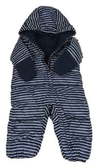 Tmavomodro-bílá pruhovaná šusťáková zimní kombinéza s kapucí Petit Bateau