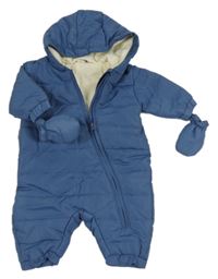 Tmavomodrá šusťáková zimní kombinéza s kapucí + rukavice 