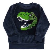 Tmavomodrá chlupatá mikina s dinem z flitrů 