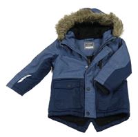 Tmavomodrá šusťáková zateplená bunda s kapucí s kožešinou Primark